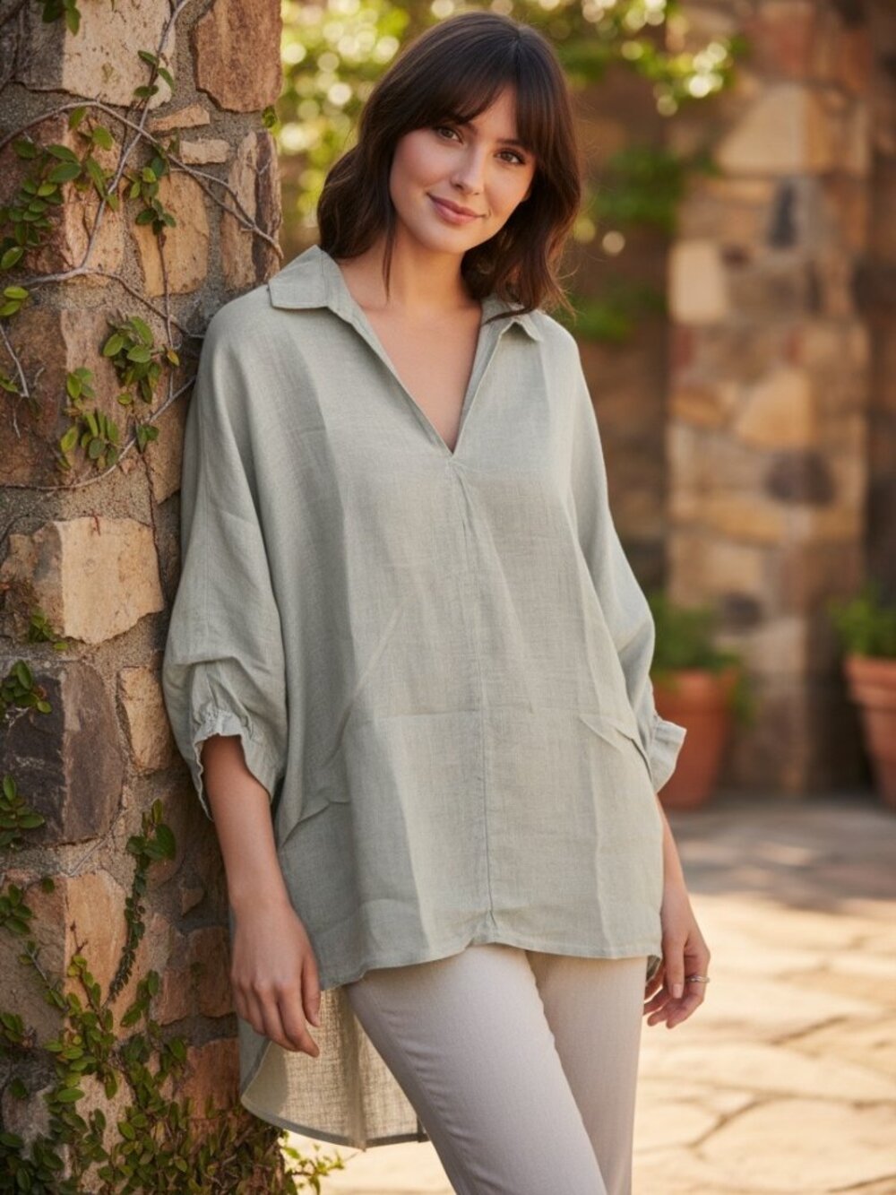 Suzy D London 100% Linen Gray Oversized V-Neck Tunic Top Shirt Size S/M Italy